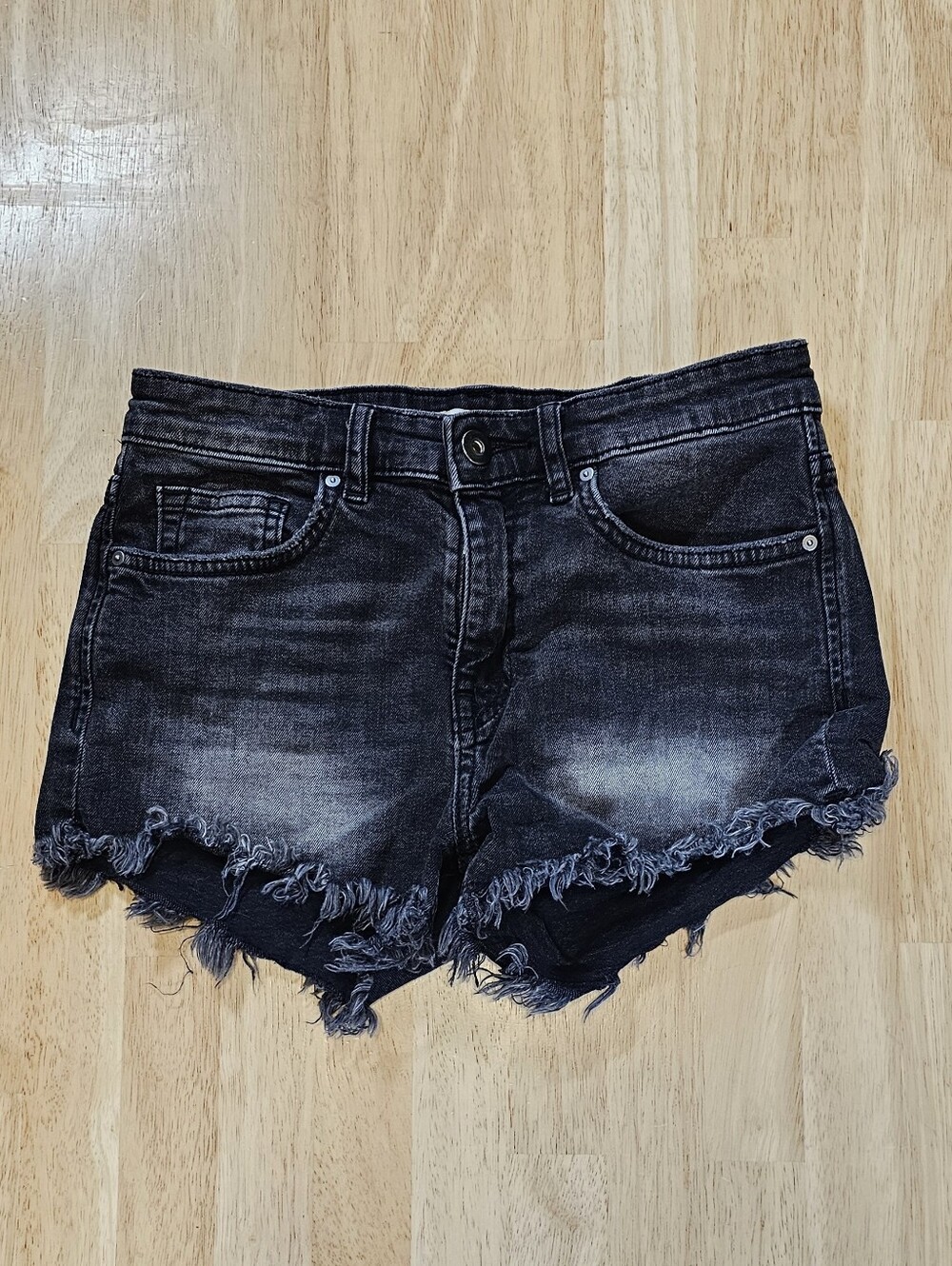 H&M Black Faded Washed Fray Hem Denim Shorts